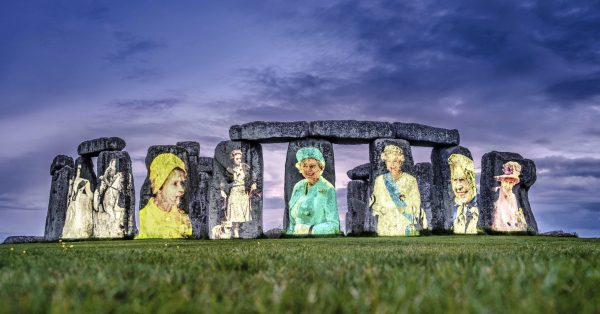 Portraits of Queen Elizabeth II projected onto Stonehenge for Platinum Jubilee