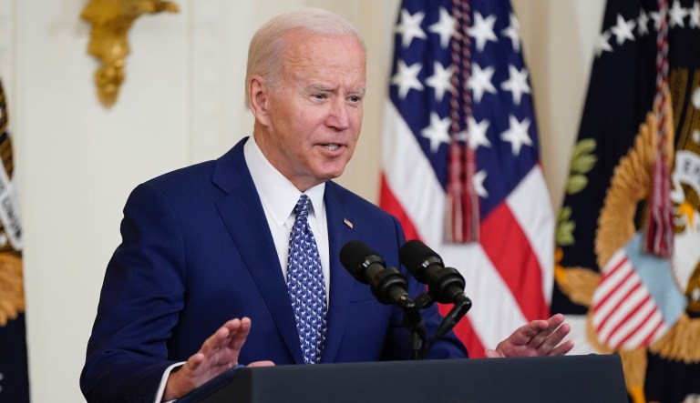 President Joe Biden speaks during a bill signing ceremony in the East Room of the White House in Washington.