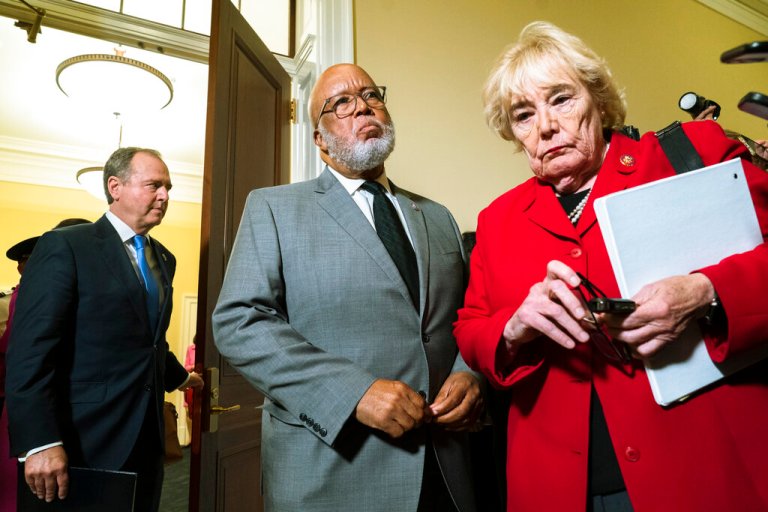 House select committee investigating the Jan. 6 attack on the U.S. Capitol Chairman Bennie Thompson, D-Miss., and Rep. Zoe Lofgren, D-Calif., listen questions from reporters as they leave the hearing room on Capitol Hill in Washington, Monday, June 13, 2022. Behind Thompson is Rep. Adam Schiff, D-Calif. 