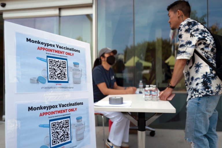 A visitor checks in at a Pop-Up Monkeypox vaccination site at the West Hollywood Library on Wednesday, Aug. 3, 2022, in West Hollywood, Calif. 