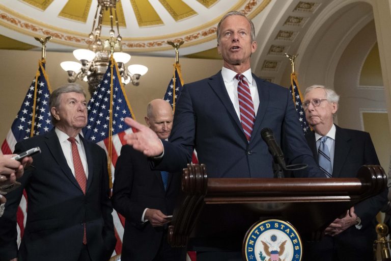 Sen. John Thune, R-S.D., flanked by Sen. Roy Blunt, R-Mo., Sen. Rick Scott, R-Fla., and Senate Minority Leader Mitch McConnell of Ky., speaks during a news conference.