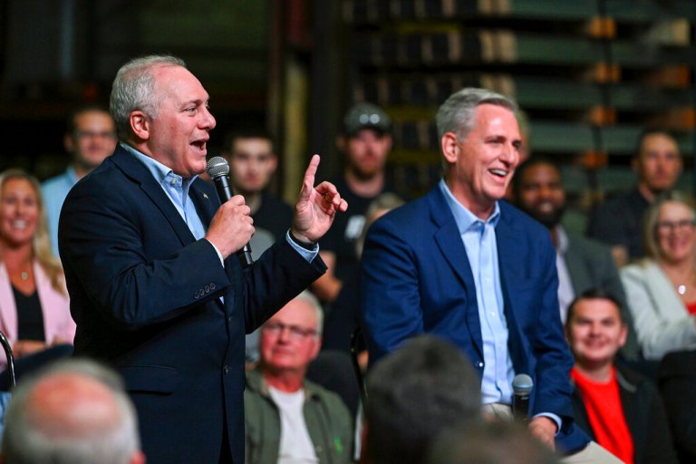 Rep. Steve Scalise, R-La., speaks as House Minority leader Kevin McCarthy, R-Calif., listens at DMI Companies in Monongahela, Pa., Friday, Sept. 23, 2022. McCarthy joined with other House Republicans to unveil their 