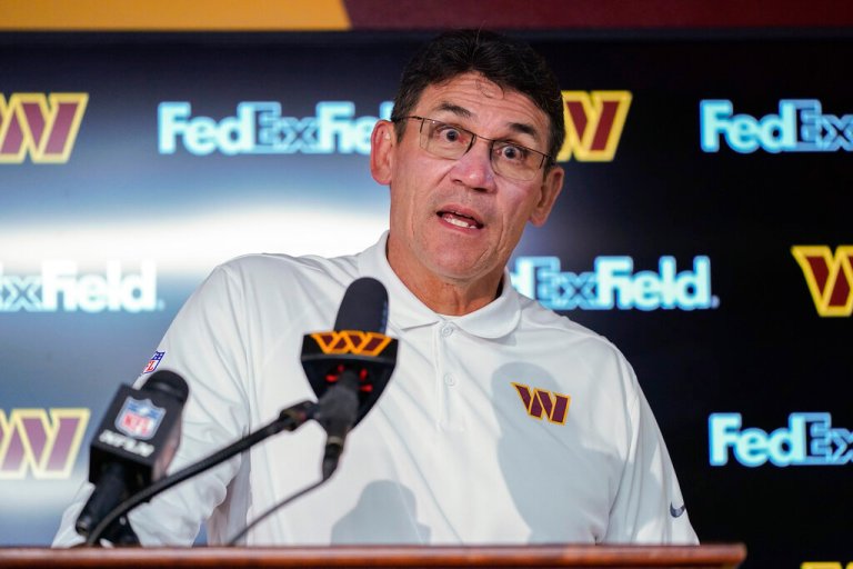 Washington Commanders head coach Ron Rivera answering question during a news conference following the end of an NFL football game against the Philadelphia Eagles on Sept. 25, 2022, in Landover, Maryland.