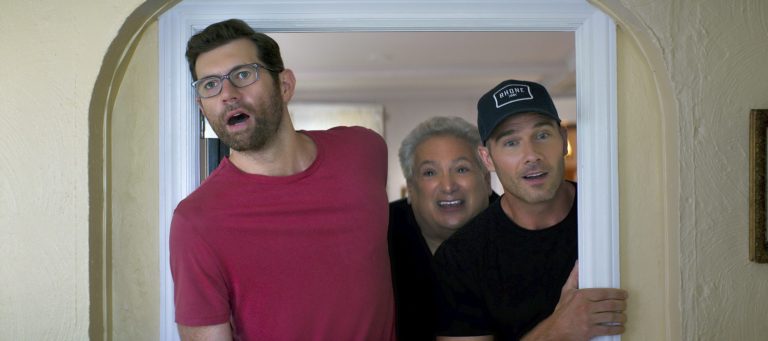 This image released by Universal Pictures shows Billy Eichner (left), Harvey Fierstein (center), and Luke Macfarlane (right) in a scene from 