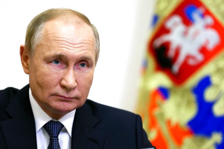 Russian President Vladimir Putin speaks to Governor of Magadan Region Sergey Nosov via videoconference.