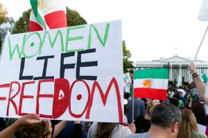 Demonstrators rally outside the White House to protest against the Iranian regime, in Washington, Saturday, Oct. 22, 2022, following the death of Mahsa Amini in the custody of the Islamic republic's notorious "morality police."