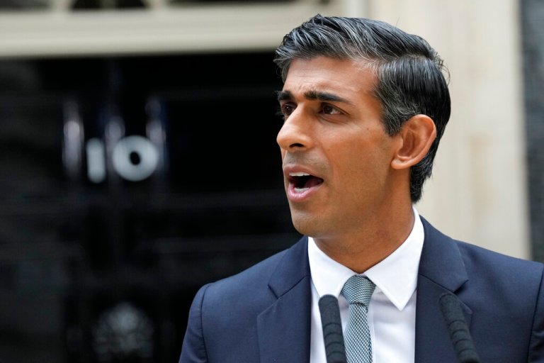 New British Prime Minister Rishi Sunak speaks at Downing Street in London, Tuesday, Oct. 25, 2022, after returning from Buckingham Palace where he was formally appointed to the post by Britain's King Charles III.