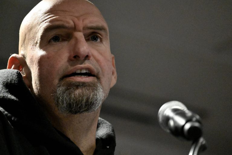 Lt. Gov. John Fetterman speaks onstage during a neighborhood rally at Temple University in North Philadelphia, Pennsylvania, on Oct. 29, 2022.