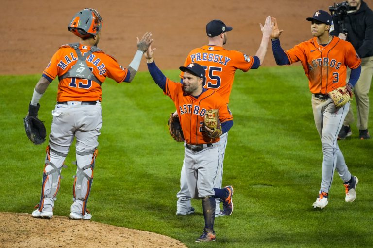 Houston Astros celebrate the win following the Game 5 of baseball's World Series against the Philadelphia Phillies, Thursday, Nov. 3, 2022, in Philadelphia.