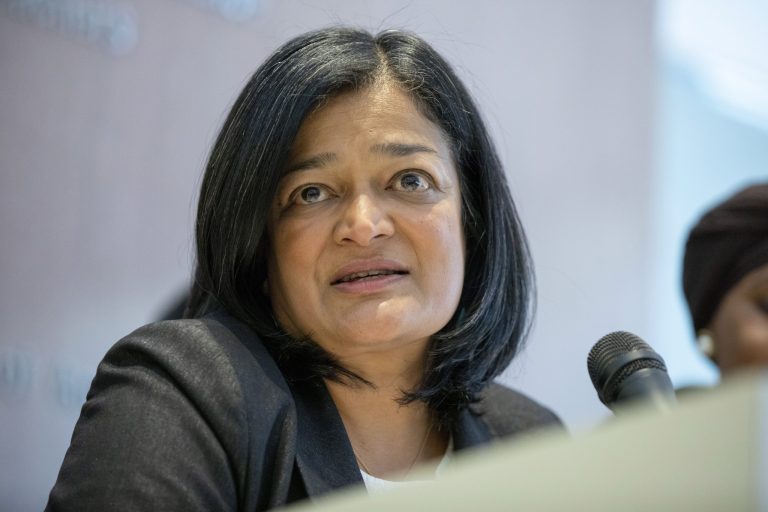 Congressional Progressive Caucus Chair Rep. Pramila Jayapal, D-Wash., speaks during a news conference with Congressional Progressive Caucus members at AFL-CIO headquarters in Washington on Sunday, Nov. 13, 2022. 