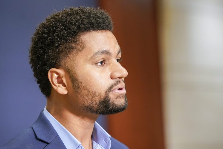 Rep.-elect Maxwell Frost speaks with reporters after newly elected members of the House of Representatives attended an orientation program in Washington on Monday, Nov. 14, 2022.