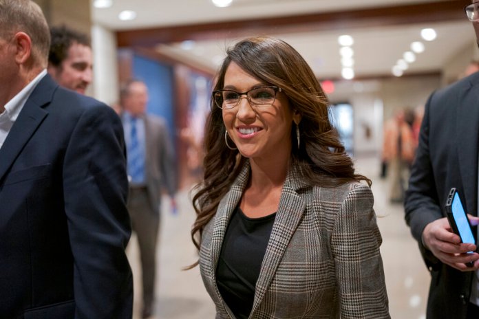 Rep. Lauren Boebert, R-Colo., who is in an unexpected tight race with Democratic challenger Adam Frisch, arrives to meet with fellow Republicans behind closed doors as Republicans hold its leadership candidate forum, where everyone running for a post must make their case to the membership, at the Capitol in Washington, Monday, Nov. 14, 2022. 