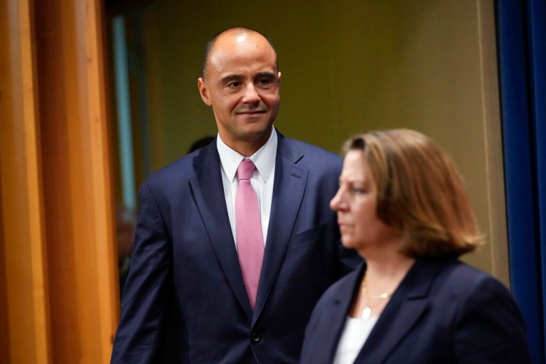 U.S. Attorney for the District of Columbia Matthew Graves arrives with Deputy Attorney General Lisa Monaco at the Justice Department in Washington, Friday, Nov. 18, 2022. 
