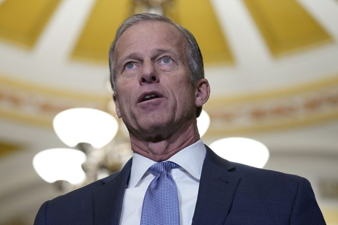 Sen. John Thune, R-SD, speaks during a news conference with members of Senate Republicans leadership, Tuesday, Dec. 20, 2022, on Capitol Hill in Washington. in Washington.