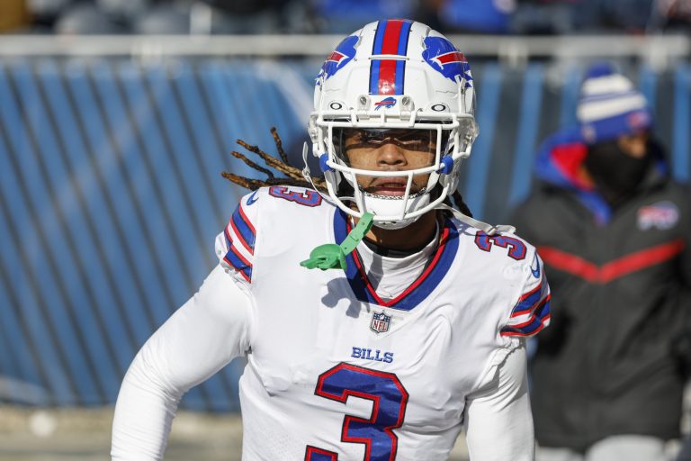 Buffalo Bills safety Damar Hamlin (3) arrives on the field before an NFL football game against the Chicago Bears, Saturday, Dec. 24, 2022, in Chicago. 