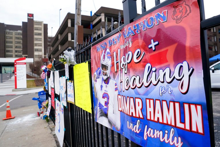 A sign sits along a fence outside UC Medical Center where Buffalo Bills safety Damar Hamiln remains hospitalized, Thursday, Jan. 5, 2023, in Cincinnati. Damar Hamlin has shown what physicians treating him are calling âremarkable improvement over the past 24 hours,â the team announced in a statement on Thursday, three days after the player went into cardiac arrest and had to be resuscitated on the field. 