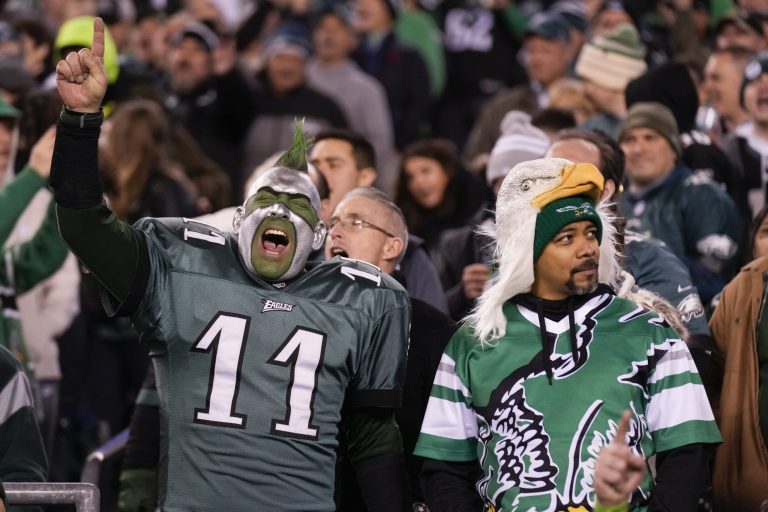 Spectators react after the NFC Championship NFL football game between the Philadelphia Eagles and the San Francisco 49ers on Sunday, Jan. 29, 2023, in Philadelphia. The Eagles won 31-7. 