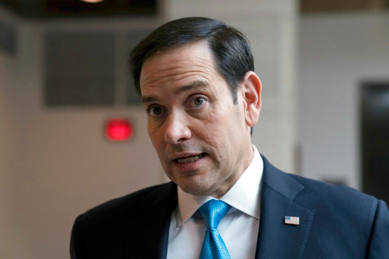 Senate Intelligence Committee Vice Chairman Marco Rubio, R-Fla., talks to reporters after a closed-door briefing on the Chinese surveillance balloon that flew over the United States recently, at the Capitol in Washington, Thursday, Feb. 9, 2023. 