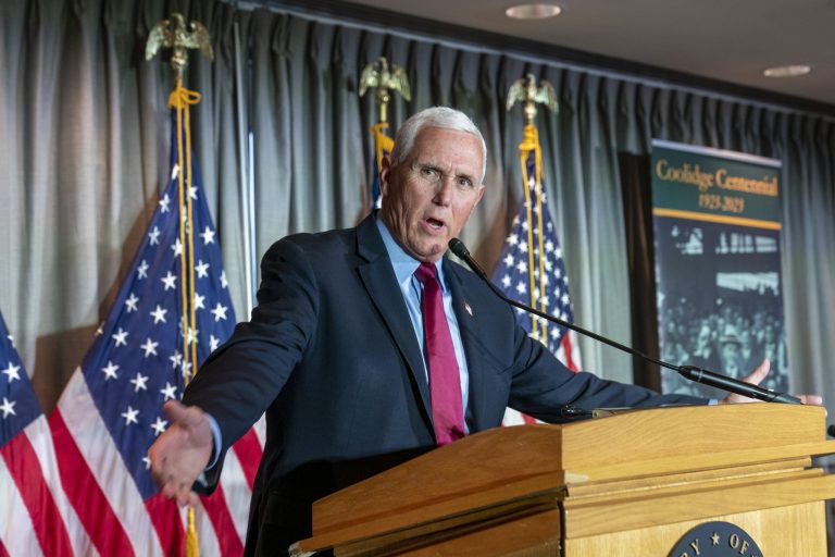 Former Vice President Mike Pence speaks at a Coolidge and the American Project luncheon in the Madison Building of the Library of Congress, Thursday, Feb. 16, 2023, in Washington.