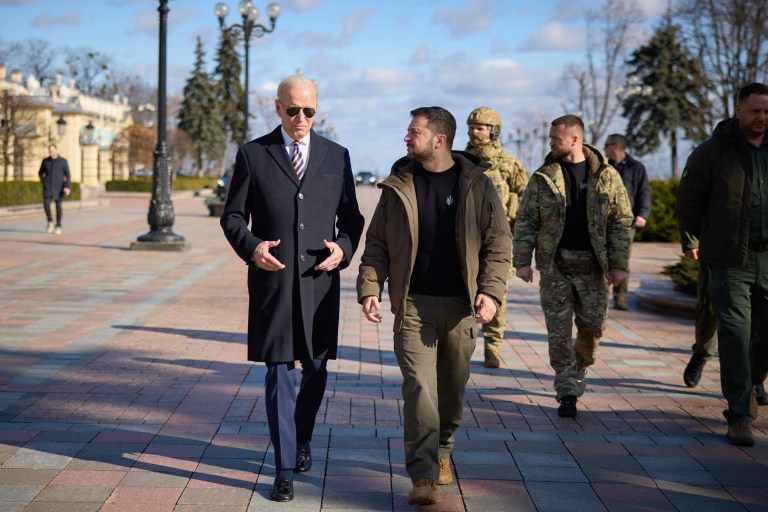 President Joe Biden (left) and Ukrainian President Volodymyr Zelensky walk during an unannounced visit in Kyiv, Ukraine, Monday, Feb. 20, 2023. 