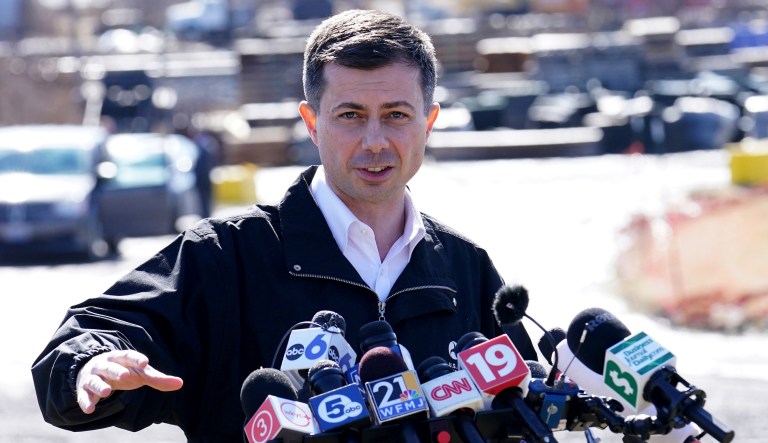 Transportation Secretary Pete Buttigieg speaks during a news conference near the site of the Feb. 3 Norfolk Southern train derailment in East Palestine, Ohio, Thursday, Feb. 23, 2023.