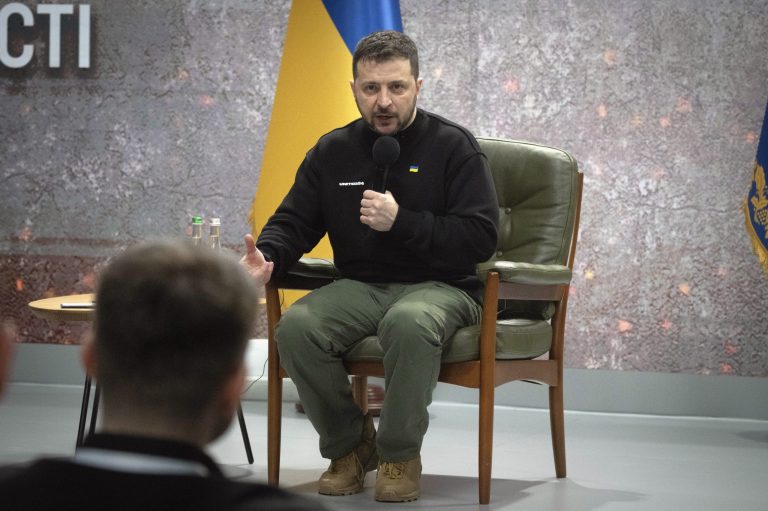 Ukrainian President Volodymyr Zelensky speaks during his press conference on the occasion of the Russia-Ukraine war first anniversary in Kyiv, Ukraine, Friday, Feb. 24, 2023.