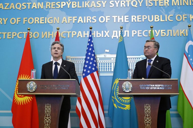 United States Secretary of State Antony Blinken, left, speaks during a joint press conference with Kazakhstan's Foreign Minister Mukhtar Tileuberdi, following a US-Central Asia (C5+1) Foreign Ministers meeting at the Ministry of Foreign Affairs, in Astana, Kazakhstan, Tuesday, Feb. 28, 2023. 