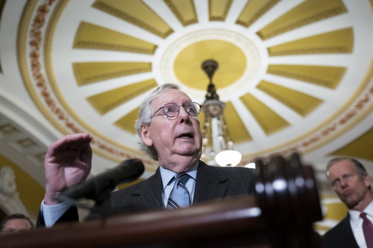 Senate Minority Leader Mitch McConnell, R-Ky., speaks to reporters following a closed-door policy meeting, at the Capitol in Washington, Tuesday, Feb. 28, 2023.