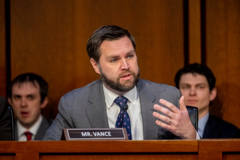 Sen. J.D. Vance, R-Ohio, speaks as Federal Reserve Chairman Jerome Powell testifies during a Senate Banking Committee hearing on Capitol Hill in Washington, Tuesday, March 7, 2023.