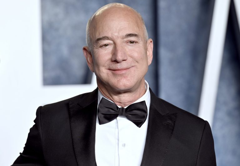 Jeff Bezos arrives at the Vanity Fair Oscar Party on Sunday, March 12, 2023, at the Wallis Annenberg Center for the Performing Arts in Beverly Hills, California. 