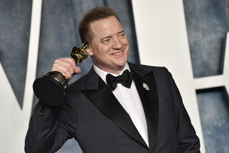 Brendan Fraser arrives at the Vanity Fair Oscar Party on Sunday, March 12, 2023, at the Wallis Annenberg Center for the Performing Arts in Beverly Hills, California. 