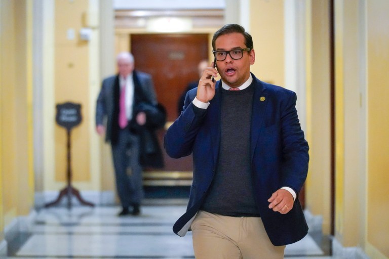 Rep. George Santos (R-N.Y.) departs Capitol Hill in Washington, Jan. 11, 2023. Santos is carrying on in Congress despite calls for him to resign. Santos admitted to fabricating many aspects of his life story, but the newly elected congressman is refusing calls to quit.