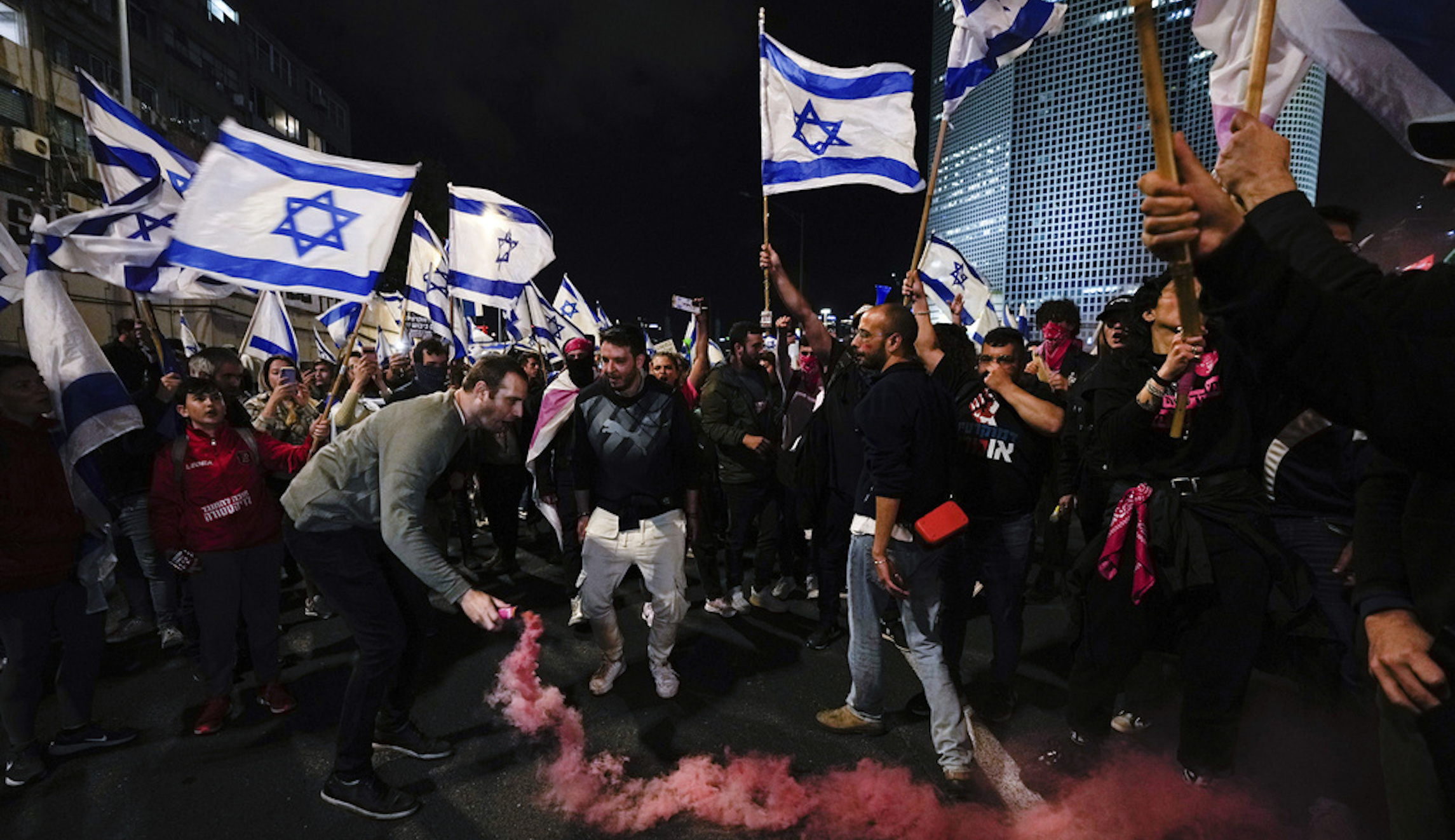 Demonstrators protest against plans by Prime Minister Benjamin Netanyahu's government to overhaul the Israel's judicial system in Tel Aviv, Israel.