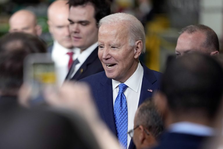President Joe Biden greets people after speaking at the Cummins Power Generation Facility in Fridley, Minn., Monday, April 3, 2023.