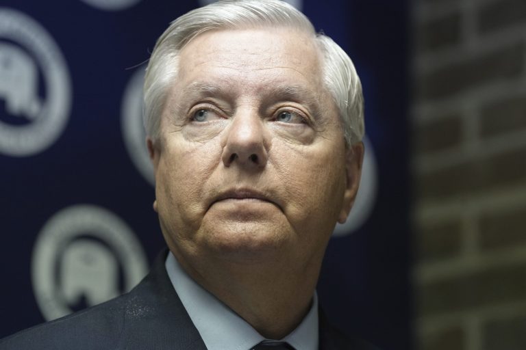 Sen. Lindsey Graham, R-S.C., speaks to reporters about the indictment of former President Donald Trump during a media availability on Wednesday, April 5, 2023, in Columbia, S.C. 
