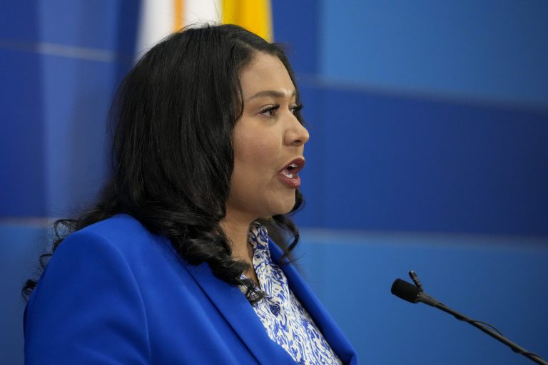 San Francisco Mayor London Breed provides an update on the homicide investigation of Robert Lee during a press conference where officials announced the arrest of a suspect, Thursday, April 13, 2023, in San Francisco.