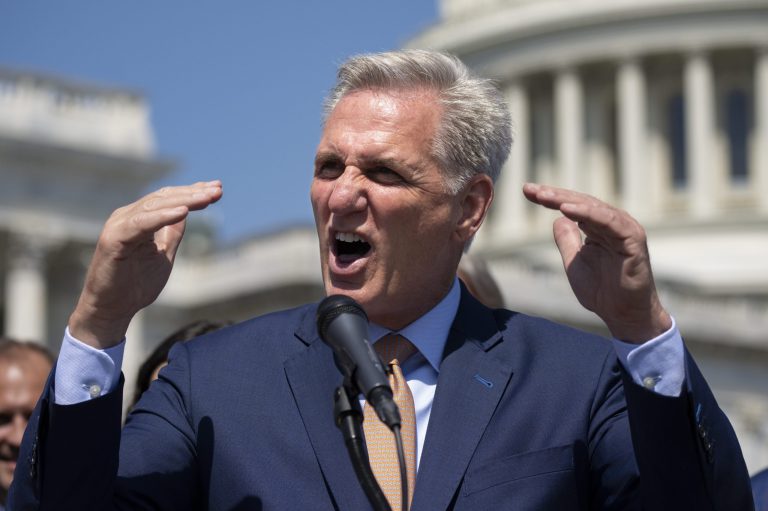 Speaker of the House Kevin McCarthy, R-Calif., gestures while speaking as he and House Republicans celebrate passage in the House of a bill that would bar federally supported schools and colleges from allowing transgender athletes whose biological sex assigned at birth was male to compete on girls or women's sports teams at the Capitol in Washington, Thursday, April 20, 2023. 