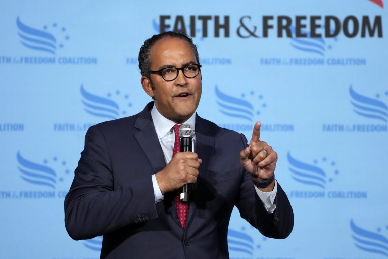 Former Texas Rep. Will Hurd speaks during the Iowa Faith and Freedom Coalition Spring Kick-Off, Saturday, April 22, 2023, in Clive, Iowa. 