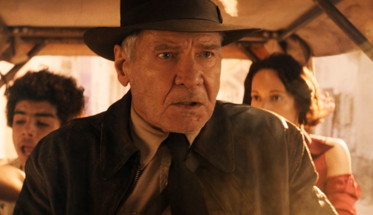 This image released by Lucasfilm shows Ethann Isidore, from left, Harrison Ford and Phoebe Waller-Bridge in a scene from 