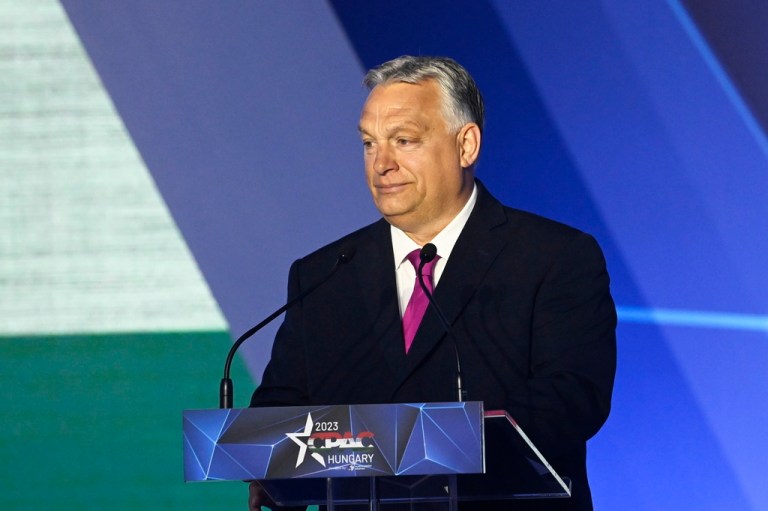 Hungarian Prime Minister Viktor Orban delivers the keynote speech at the opening session of Hungary Conservative Political Action Conference Hungary in Budapest, Hungary, Thursday, May 4, 2023. The two-day CPAC meeting organized by Center for Fundamental Rights of Hungary features some 60 prestigious foreign speakers from 20 countries and five continents.