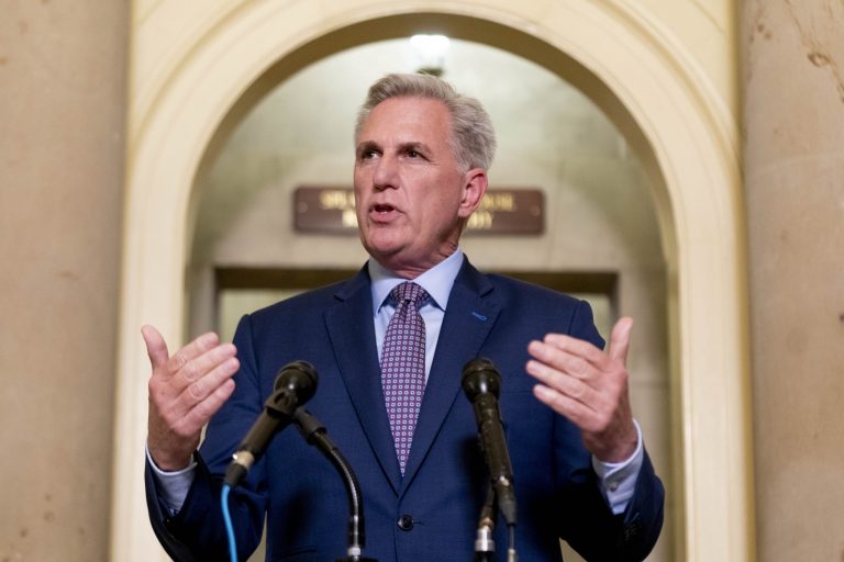House Majority Leader Kevin McCarthy of Calif., speaks to reporters outside his office at the Capitol Building in Washington, Tuesday, May 9, 2023, after meeting about the debt limit with President Joe Biden at the White House.