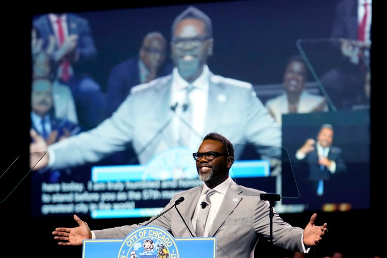 Chicago Mayor Brandon Johnson gestures during his inaugural address after taking the oath of office as Chicago's 57th mayor.
