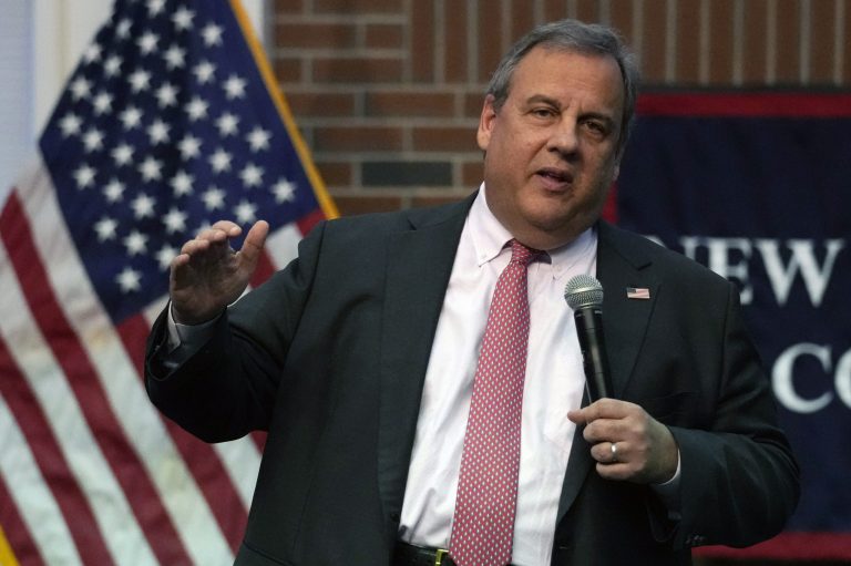 Former New Jersey Gov. Chris Christie addresses a gathering during a town hall style meeting at New England College, Thursday, April 20, 2023, in Henniker, N.H.