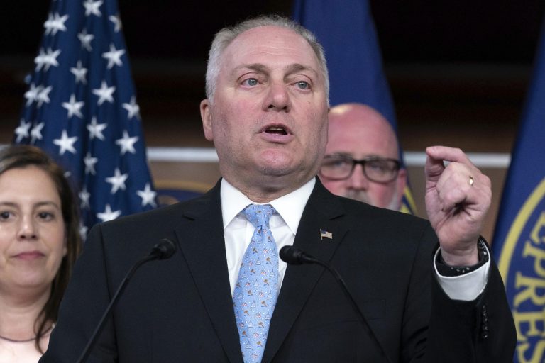 House Majority Leader Steve Scalise, R-La., along with other House Republican members speaks during a news conference on Capitol Hill in Washington, Tuesday, May 30, 2023.