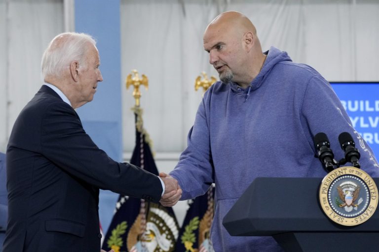 Sen. John Fetterman, D-Pa., shakes hands with President Joe Biden at the Philadelphia International Airport in Philadelphia, Saturday, June 17, 2023.