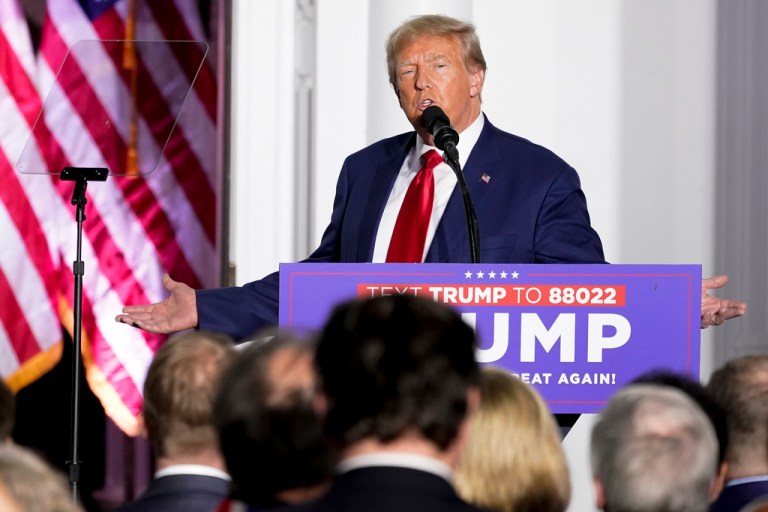 Former President Donald Trump speaks to supporters at Trump National Golf Club Bedminster, June 13, 2023, in Bedminster, N.J.