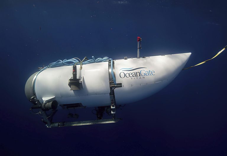 This photo provided by OceanGate Expeditions shows a submersible vessel named Titan used to visit the wreckage site of the Titanic. In a race against the clock on the high seas, an expanding international armada of ships and airplanes searched Tuesday, June 20, 2023, for the submersible that vanished in the North Atlantic while taking five people down to the wreck of the Titanic. 