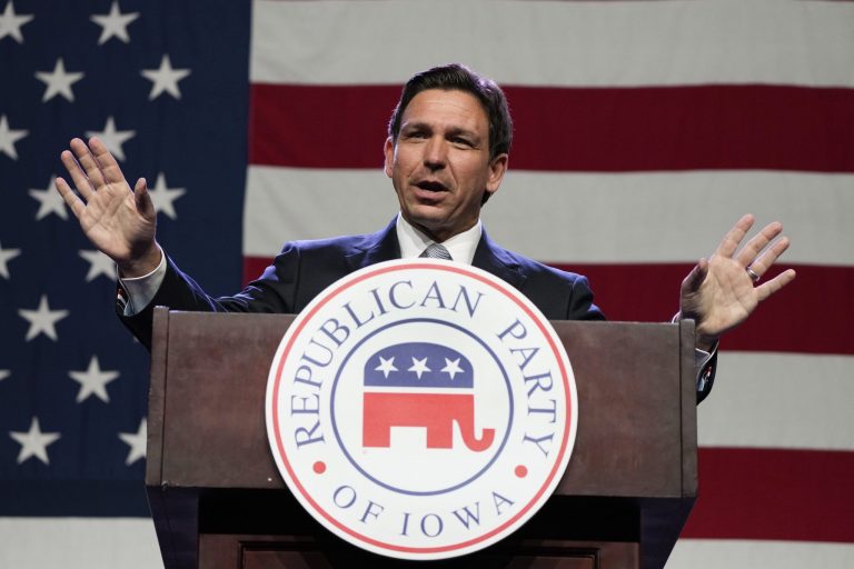 Republican presidential candidate Florida Gov. Ron DeSantis speaks at the Republican Party of Iowa's 2023 Lincoln Dinner in Des Moines, Iowa, Friday, July 28, 2023. 