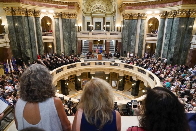 Janet Protasiewicz speaks after being sworn in as a Wisconsin Supreme Court justice, Tuesday, Aug. 1, 2023, in Madison, Wisconsin. 