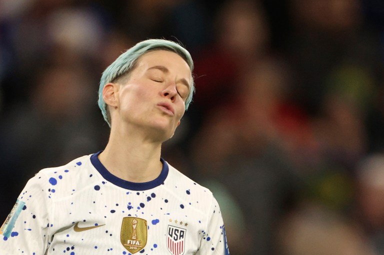 United States' Megan Rapinoe reacts after missing to score during a penalty shootout during the Women's World Cup round of 16 soccer match between Sweden and the United States in Melbourne, Australia, Sunday, Aug. 6, 2023.